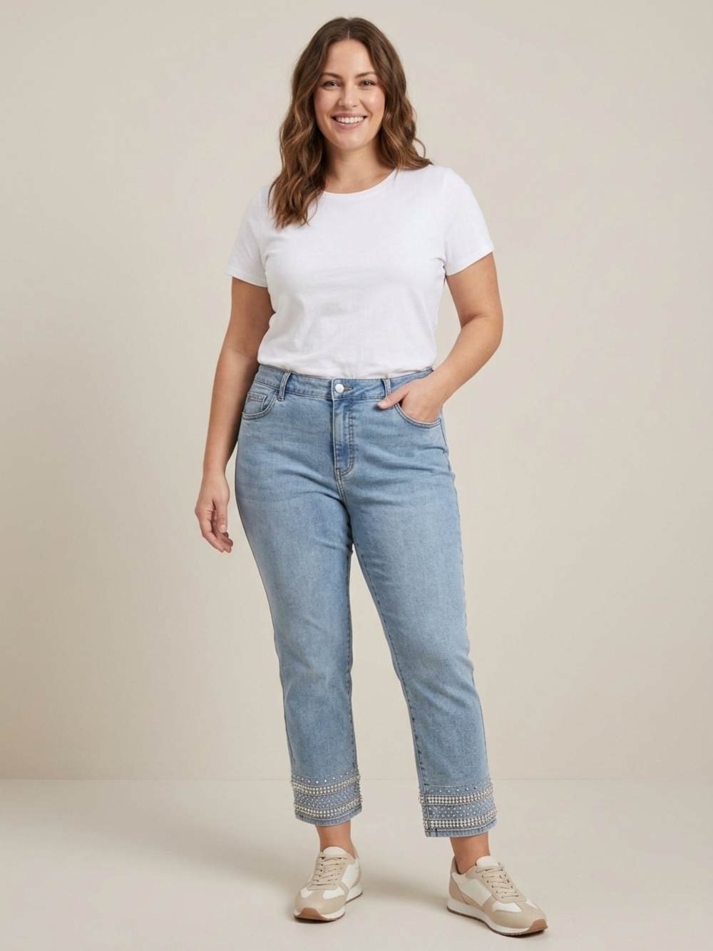 Melanie Lyne Light Blue Beaded Hem Cropped Jeans